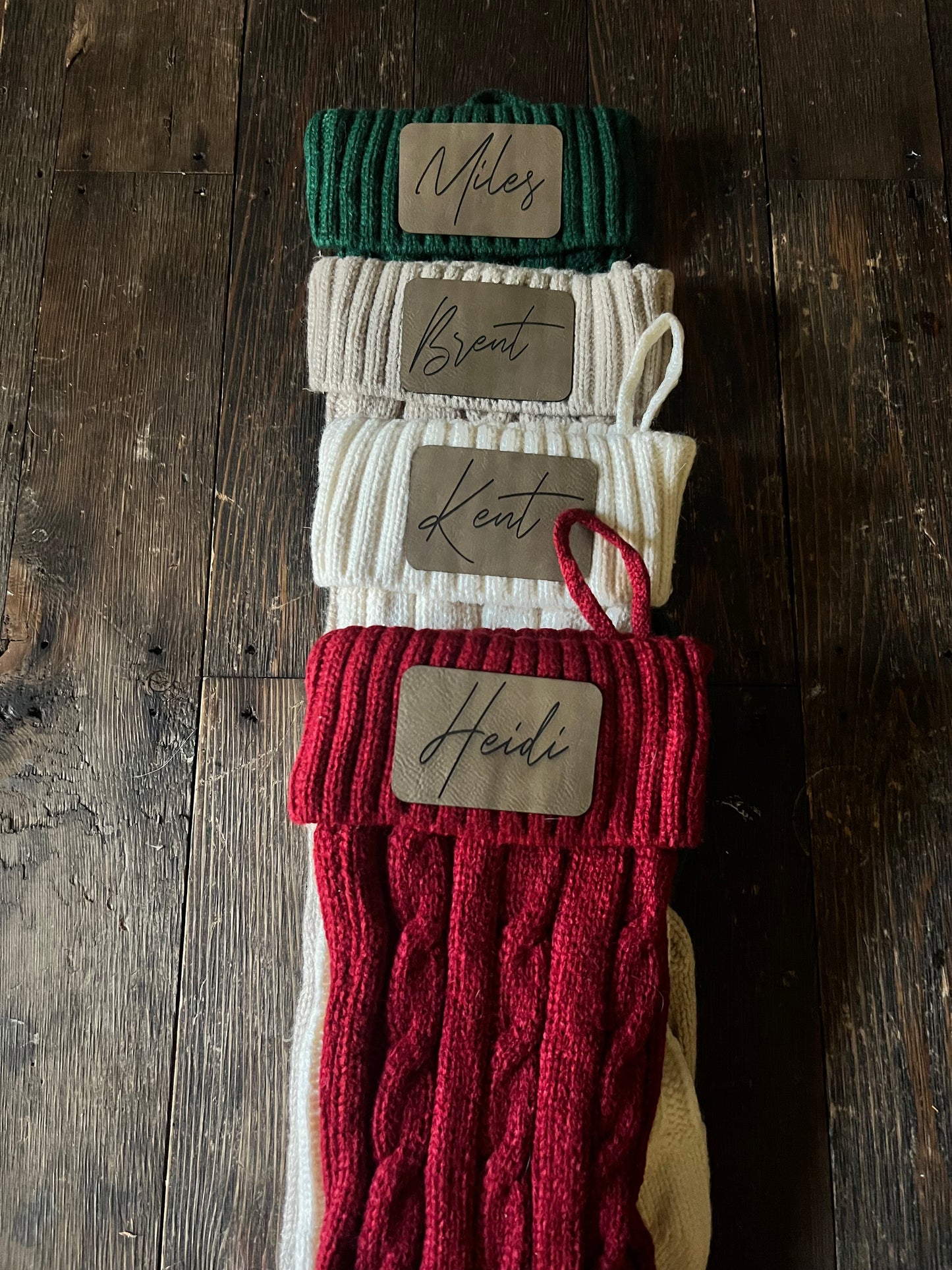 Christmas Stockings with Custom Engraved Leather Patches