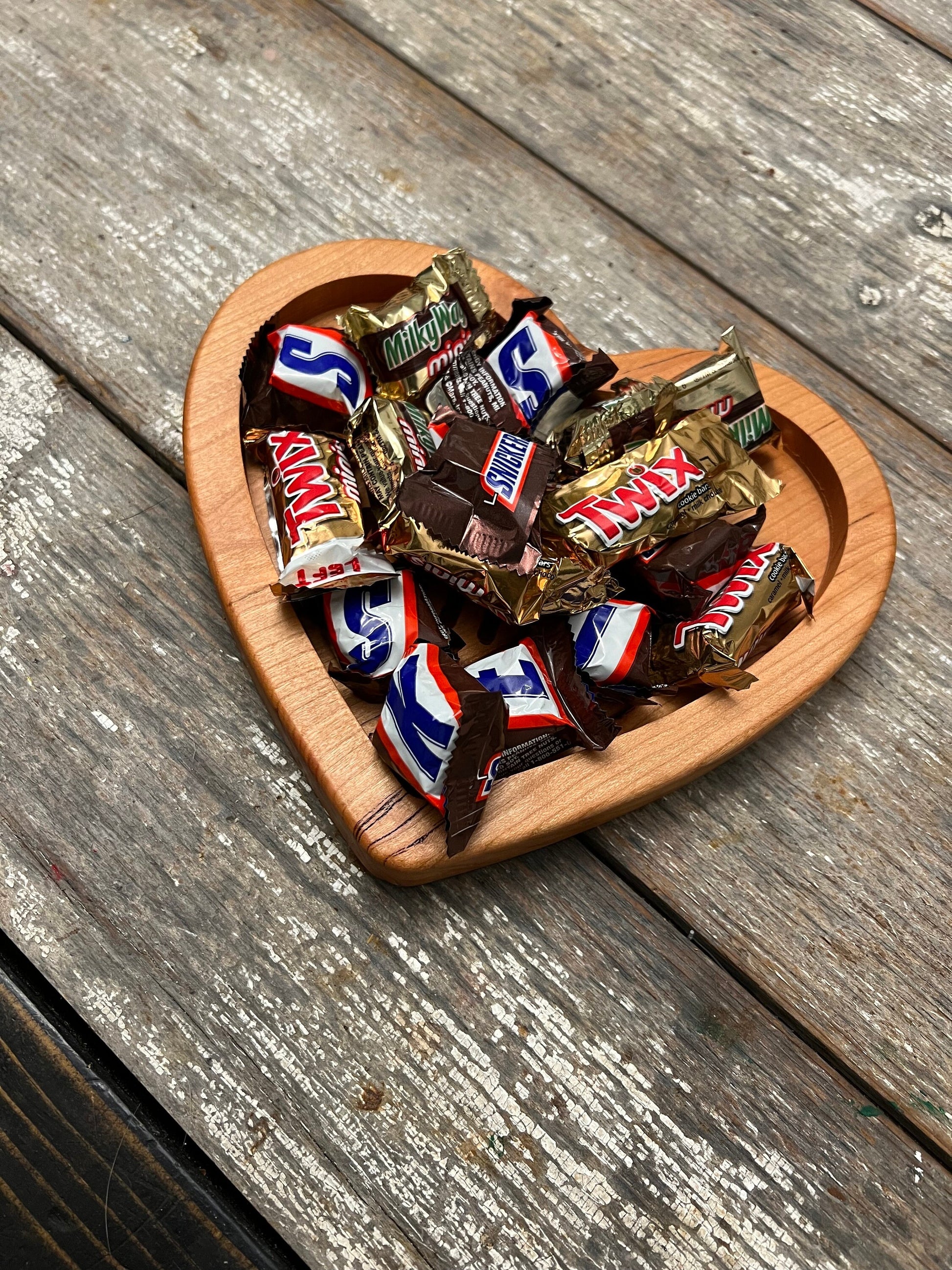 Handcrafted Heart-Shaped Catch-All Tray with Humorous Candy Heart Engravings – Custom Hardwood Organizer for Keys, Jewelry, and Trinkets