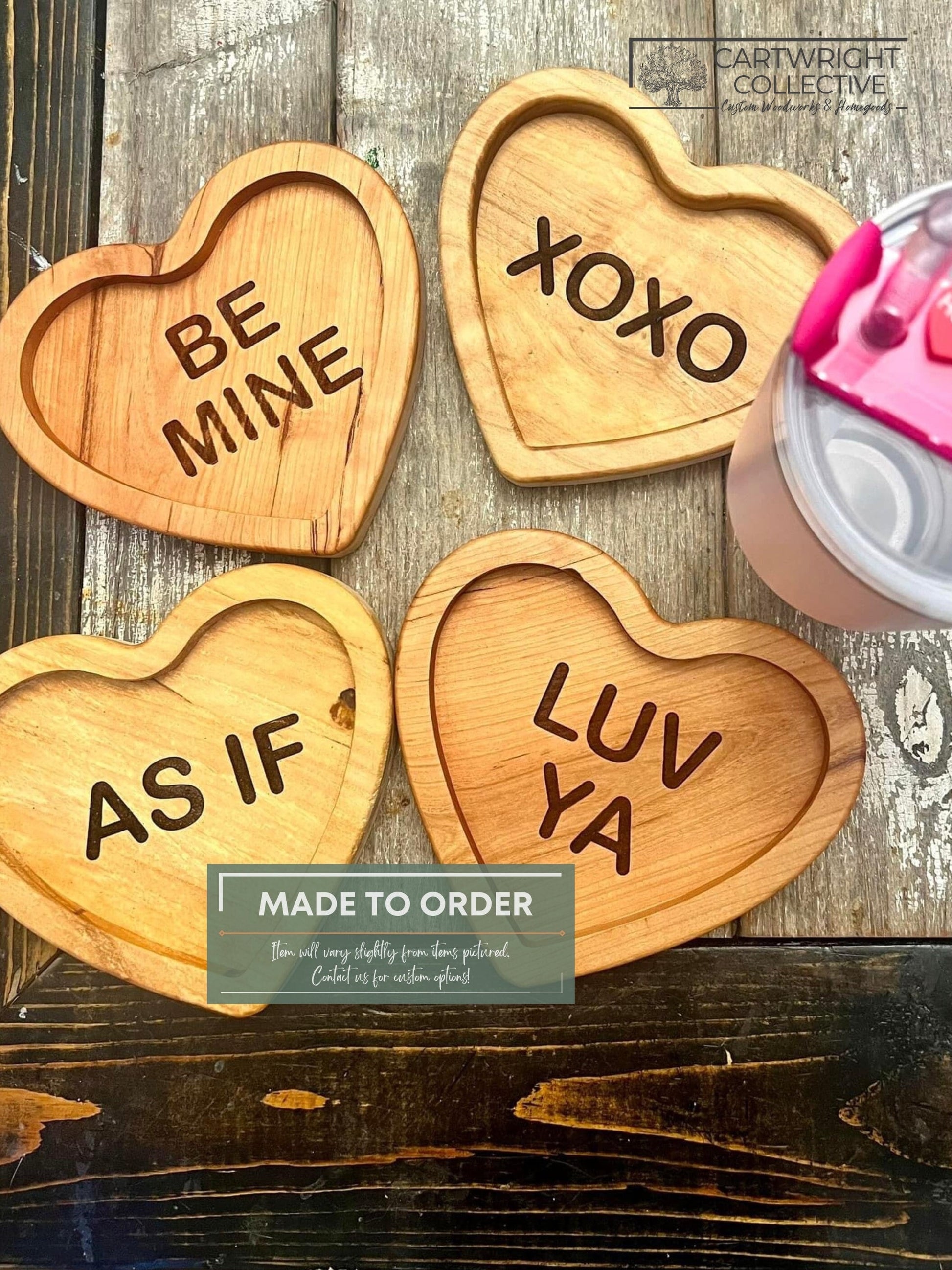 Handcrafted Heart-Shaped Catch-All Tray with Humorous Candy Heart Engravings – Custom Hardwood Organizer for Keys, Jewelry, and Trinkets