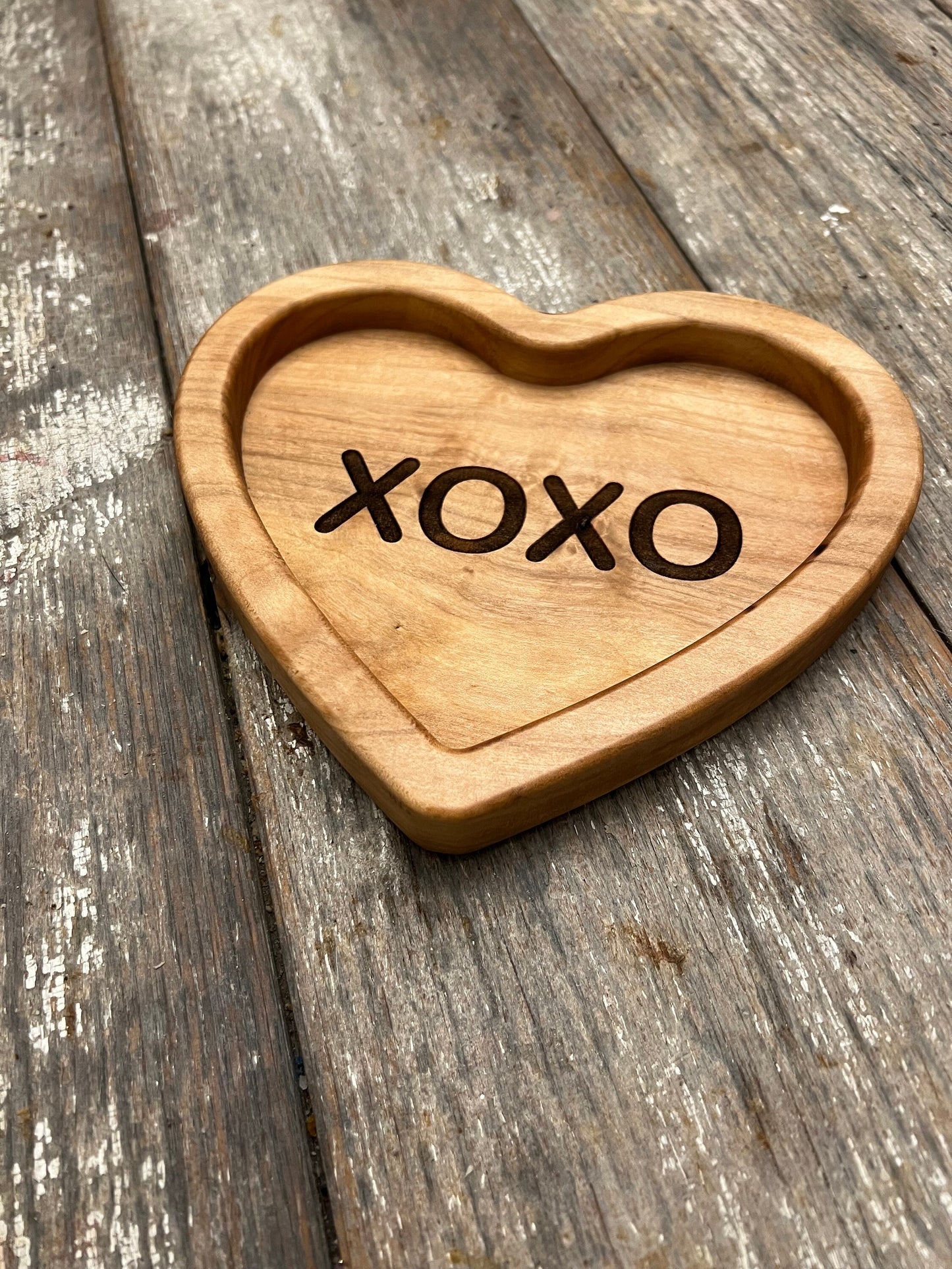 Handcrafted Heart-Shaped Catch-All Tray with Humorous Candy Heart Engravings – Custom Hardwood Organizer for Keys, Jewelry, and Trinkets