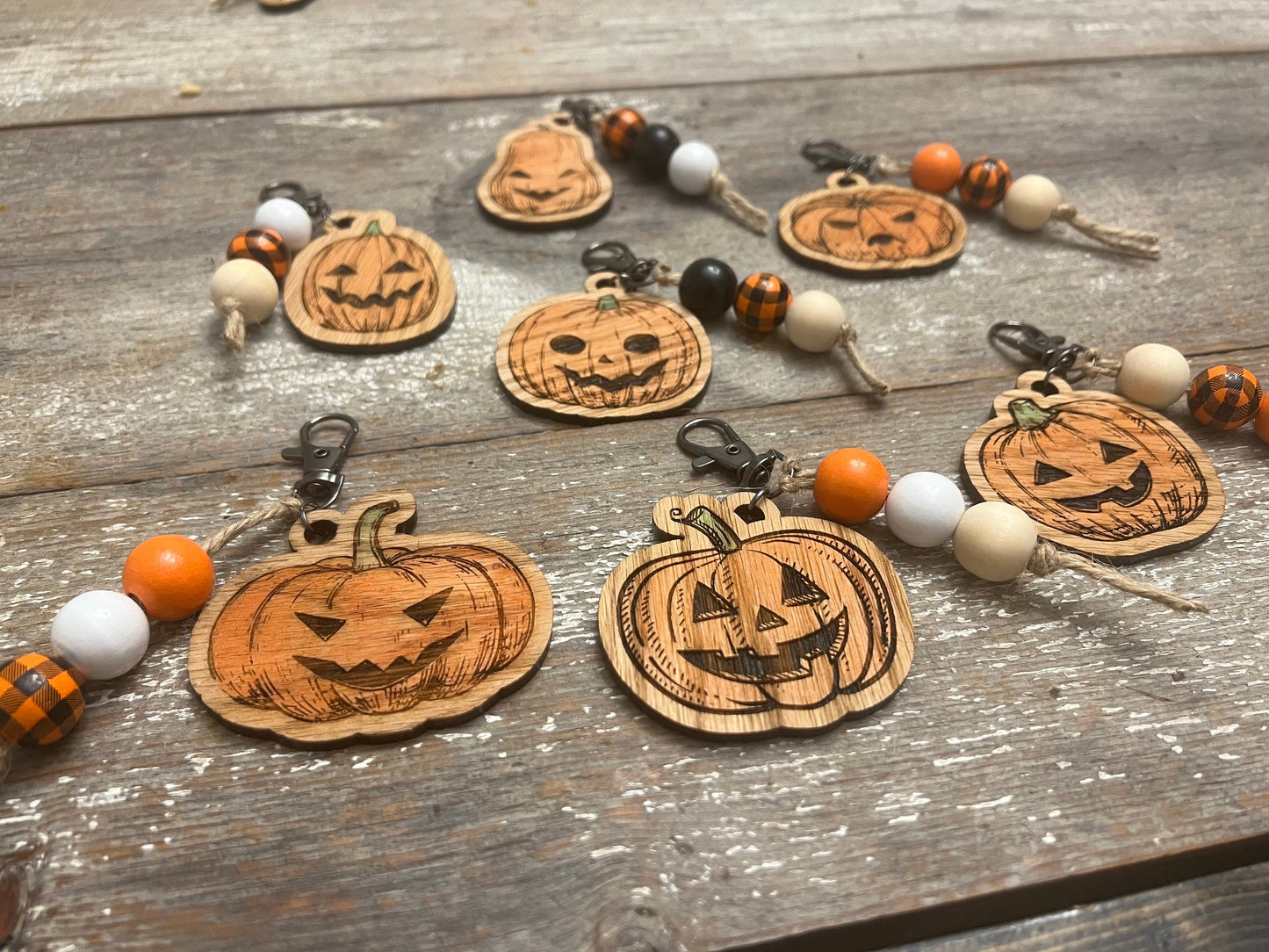 Laser-Cut, Engraved, and Hand-Painted Hard Wood Halloween Pumpkin Keychains